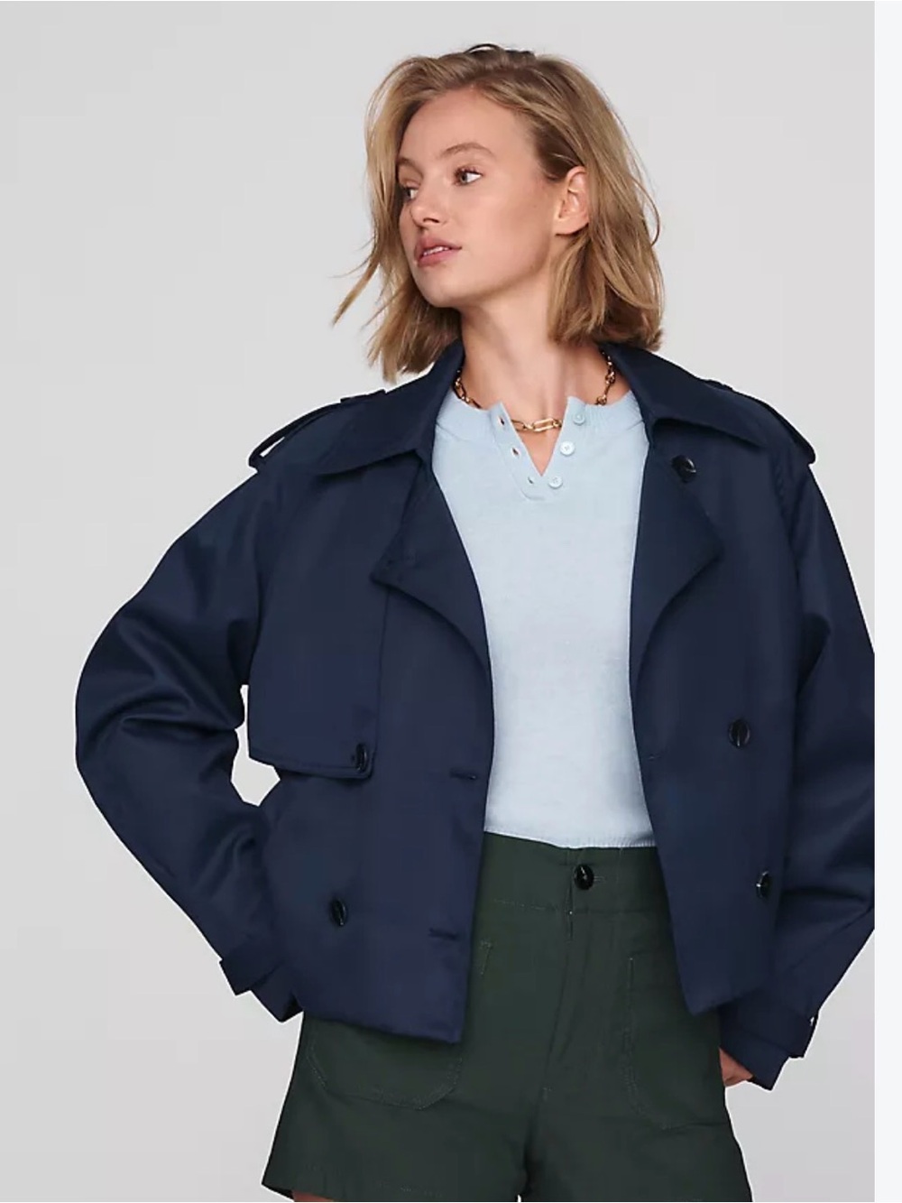Maeve Navy Double-Breasted Cropped Trench Jacket, NWT, size Small